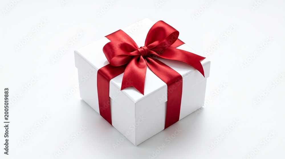 Obraz premium elegant white gift box with red satin ribbon on white background