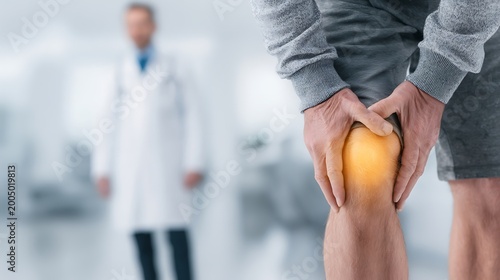 Man holding his right knee with a visible yellow glow indicating pain, with a blurred doctor in a lab coat in the
