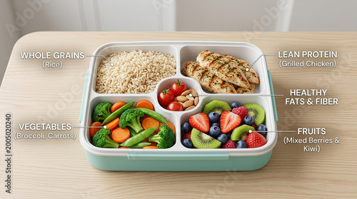 Healthy lunch box balanced meal meal prep grilled chicken brown rice vegetable fruit portion control lunch nutrition come together for lunch and meal prep with portion control