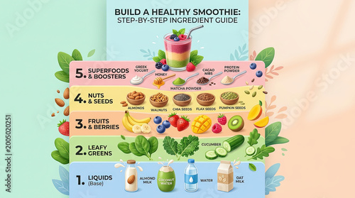 Healthy smoothie ingredient guide with superfood fruit berry leaf nut seed arranged for blend at home simple and clear fresh mood and gentle joy for daily wellness