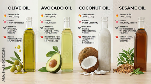 Olive oil avocado oil coconut oil sesame oil smoke point flavor best use health cooking kitchen for flavor and smoke point and best use in cooking and kitchen for health