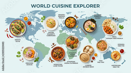 World cuisine map food infographic global dish traditional recipe international illustrated world map with diverse meals like taco paella ramen pad thai tikka masala ceviche tagine cheerful