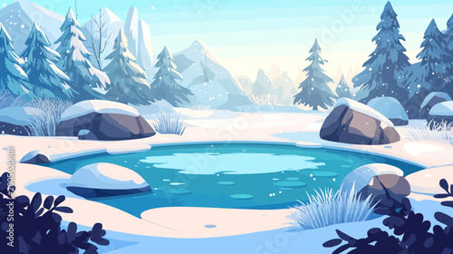 A stylized winter landscape with snowy fir trees, frozen pond, rocks, and falling snow