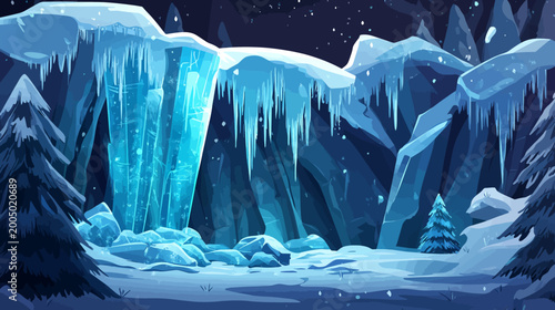 A stylized illustration depicting an icy landscape with a glowing ice cave, starry sky, and pine trees