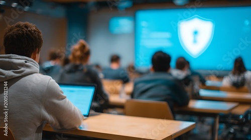 Students in a classroom setting with a laptop and a large screen displaying a spy agency with a keyhole, suggesting cybersecurity or data protection education