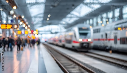 Blurred view of a busy train station platform with passengers and modern trains, illuminated by station lights and digital displays