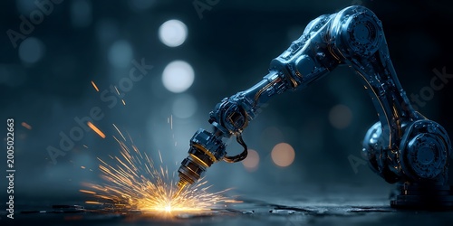A powerful industrial robotic processor architecture is shown in action, creating a shower of bright orange sparks as it works on a metal surface in a dimly lit factory setting