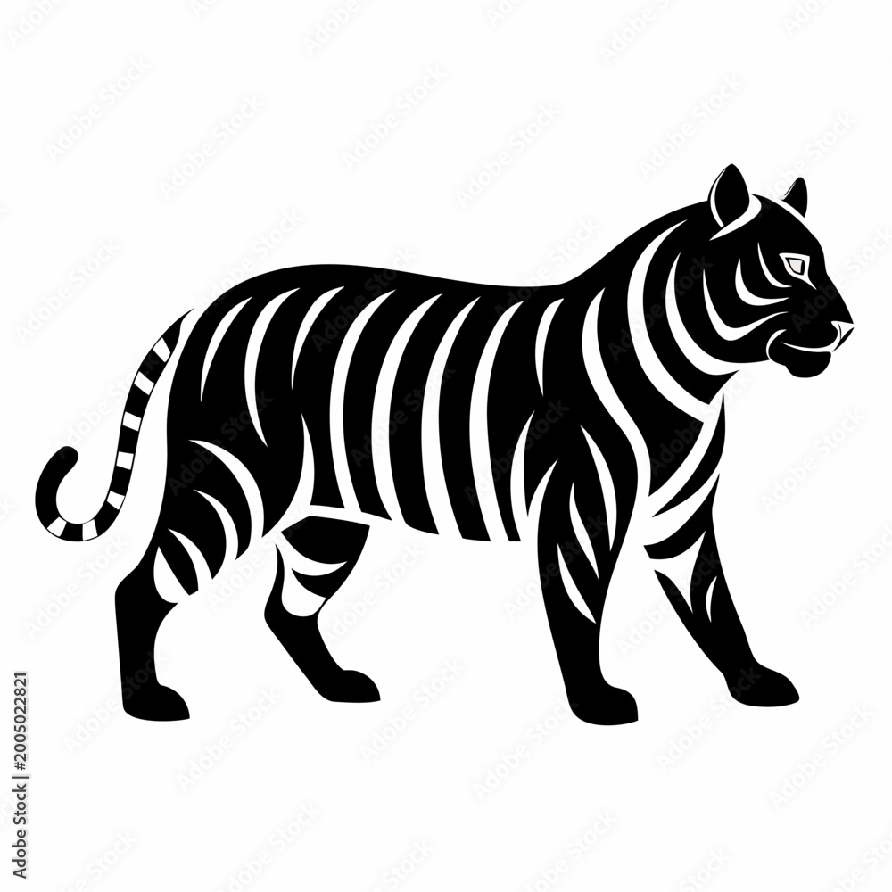 Fototapeta premium Walking Tiger Silhouette Vector Black Fill Isolated on White Background