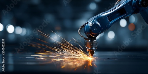 Industrial robotic processor architecture performing a welding or cutting operation, creating a shower of bright orange sparks against a dark, blurred with bokeh lights