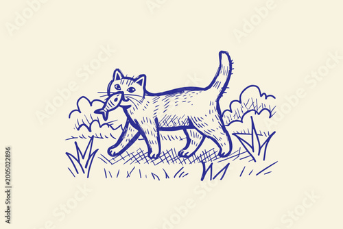 Fotografie Cat carrying freshly caught fish in mouth walking in grassy field with hand draw