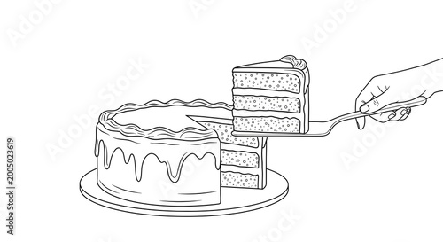 Simple Line Drawing of Slice of Layered Cake with Icing on Plate