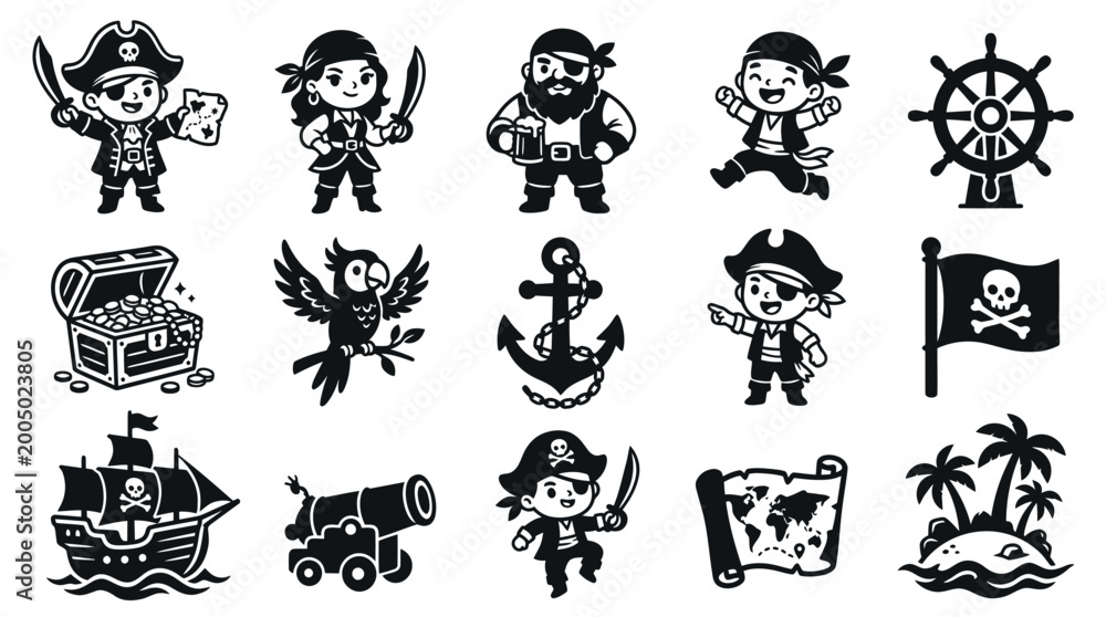 Obraz premium Pirate Adventure Black White Glyph Cartoon Icons Set. Kid Pirates Treasure Elements
