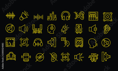 Canvas-taulu Yellow neon audio and sound icon set on black background, collection of professional music production and podcast symbols, minimal thin line web icon set, Modern professional creative design