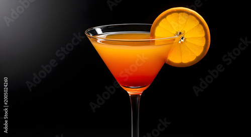 A vibrant orange cocktail in a martini glass with an orange slice garnish on a dark background