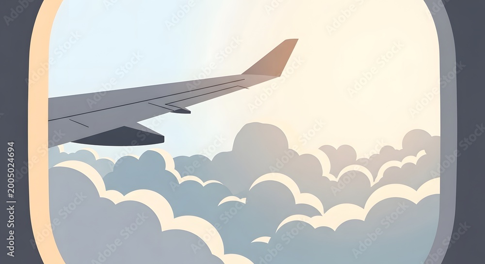 Naklejka premium Airplane Wing Flying Above Clouds Seen From Window in Bright Sky