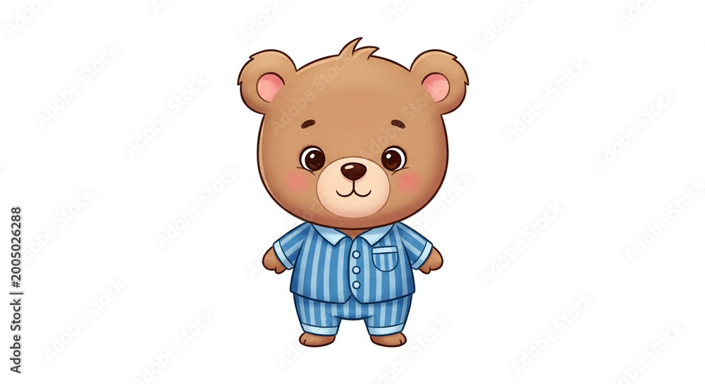 Fototapeta premium Cute Cartoon Bear Wearing Blue Striped Pajamas Standing Isolated