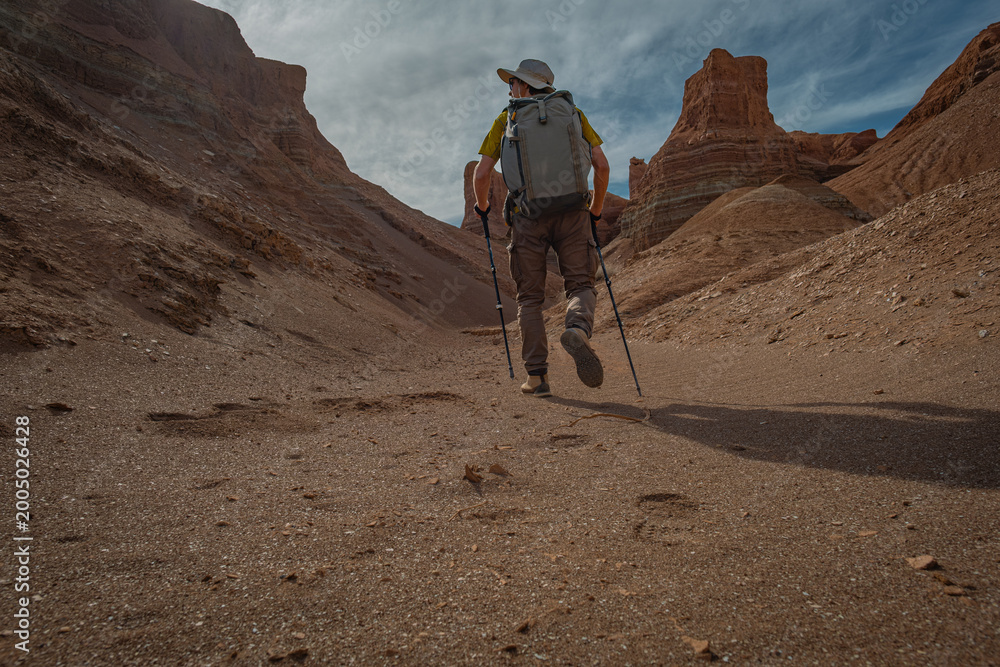 Fototapeta premium Hiker with backpack and trekking poles walking through a desert canyon. Low angle rear view of a traveler exploring red rock formations under a cloudy sky.