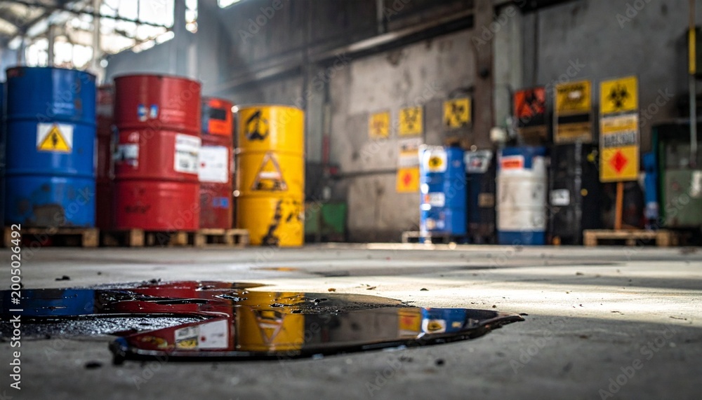 © Upnesh - Industrial scene showing oil spills on a concrete floor with barrels in the background.