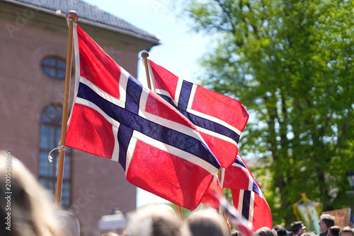Norwegian Flags Waving Crowd Historic Building — 17th May Constitution Day National Holiday Celebration Kongsberg Norway