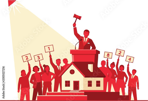 Vector illustration of a property listing auction event with people holding signs