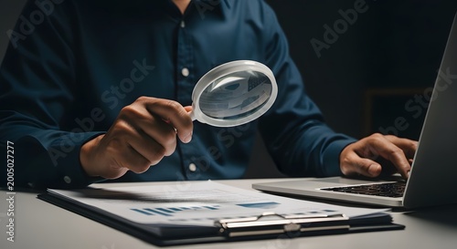 A person meticulously examining financial data and reports with a magnifying glass while working on a laptop in a dimly lit office.