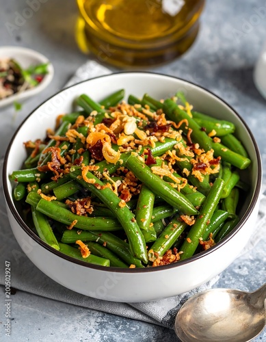 Vibrant green beans topped with savory crispy bits