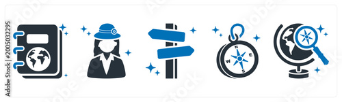 Картината върху платно A set of 5 icons as guidebook, travel guide, direction