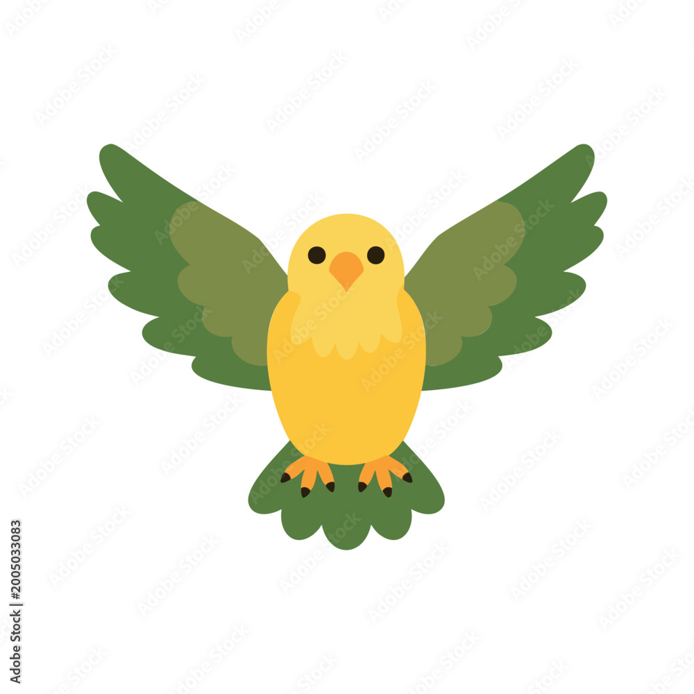 Fototapeta premium Cartoon bird with yellow body and green wings flies in the air