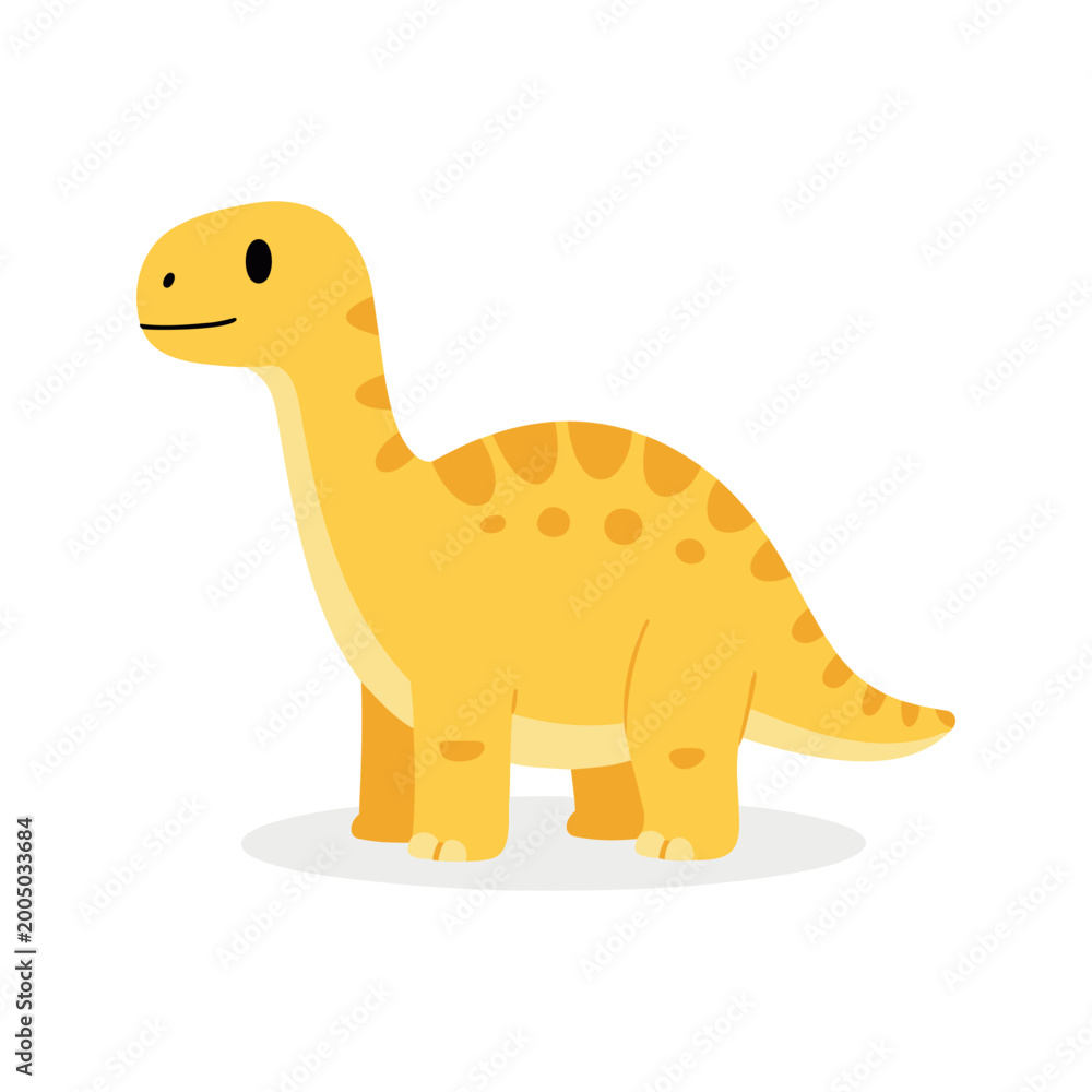 Naklejka premium Cartoon sauropod dinosaur with yellow skin and spots stands on a white background