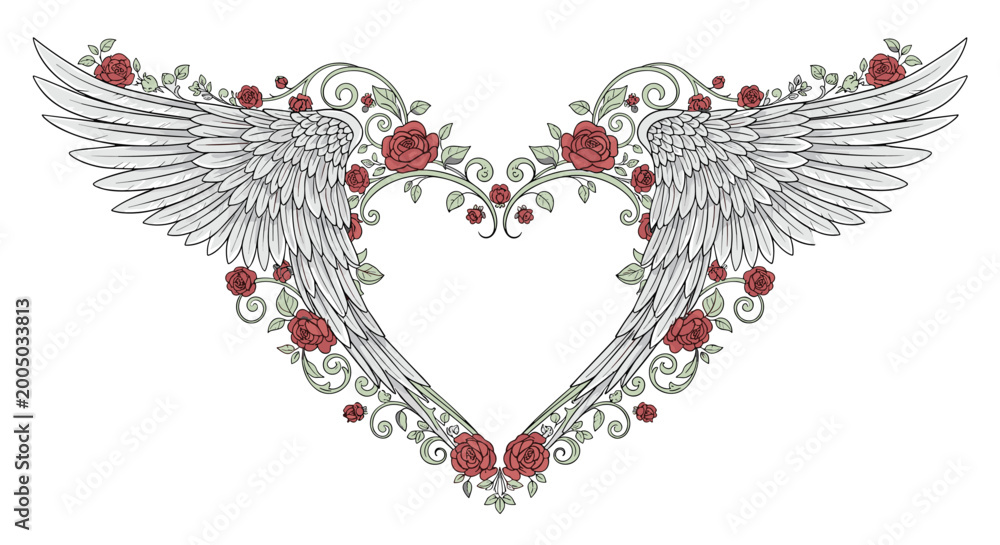 Obraz premium Romantic Angel Wings Heart Frame with Red Roses and Floral Vines Decorative Vector Illustration for Love and Wedding DesignsRomantic Angel Wings Heart Frame with Red Roses 