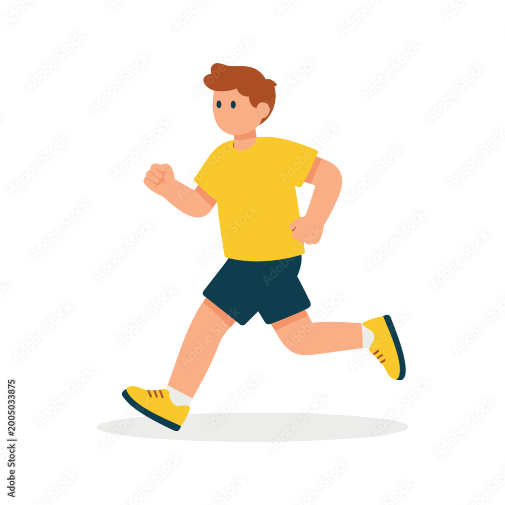 Fototapeta premium Athletic man in yellow shirt and blue shorts runs on a white background