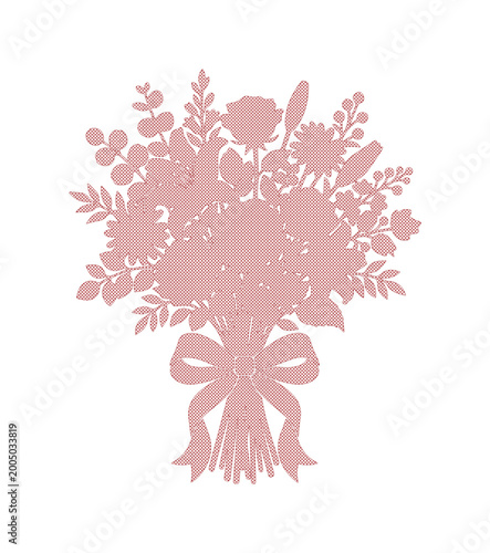 Pink floral bouquet silhouette with ribbon bow, elegant flower arrangement vector, dusty rose botanical wedding illustration isolated on White Background