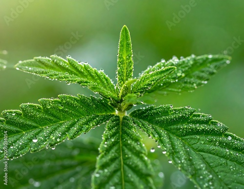 Close-up of a vibrant green plant with distinctive leaves, showcasing delicate water droplets. Background blurred