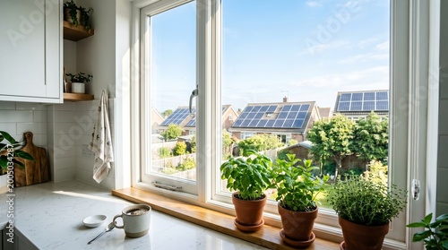 Kitchen window view showing sustainable solar panel energy