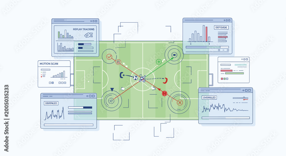 Fototapeta premium Football Soccer Field Analytics Dashboard with Player Tracking, Stats Charts, and Data Panels for Sports Technology and Performance Vector DesignsFootball Soccer Field Analytics Dashboard with Player 