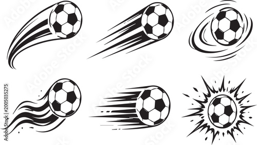 Bild auf Leinwand Collection of Dynamic Soccer Ball Motion Vector Illustrations Featuring Speed Trails, Fire, Explosion, and Spin Effects for Sports Branding, Team Logos, and Fan Art Graphics
