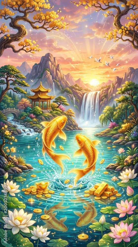 Obraz premium Golden koi leaping in shimmering lake at sunset fantasy landscape vibrant nature scene
