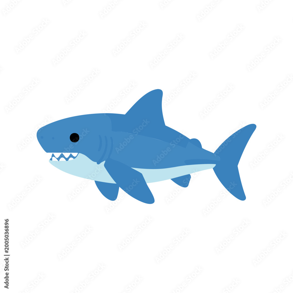Fototapeta premium Cartoon style illustration of a great white shark swimming on a white background