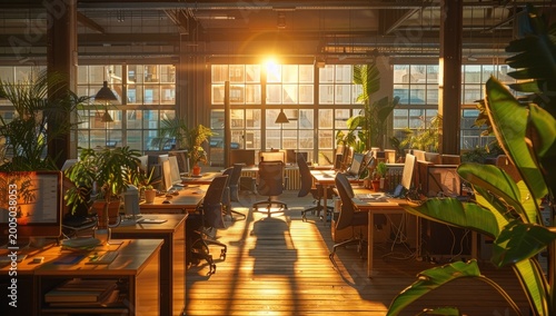 Sun-drenched, modern open-plan office with numerous green plants and workspaces