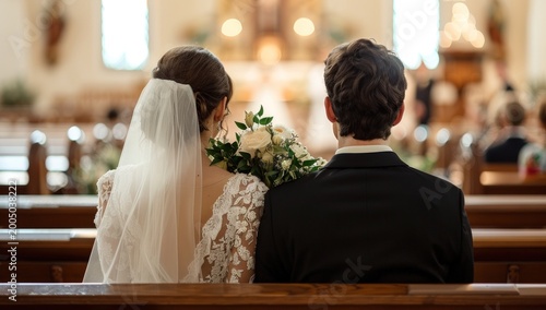 Rear view of a bride and groom sitting in a church pew during their wedding ceremony