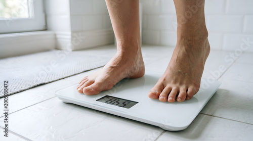 Close-up of human feet stepping on a digital scale in a modern bathroom, checking body weight.