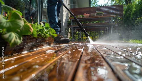 Person power washing a wet wooden deck, cleaning outdoor patio planks with spray