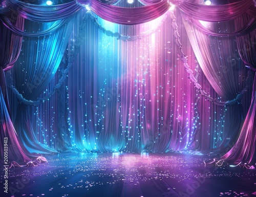 Vibrant stage with draped blue and pink curtains, shimmering lights, and scattered glitter