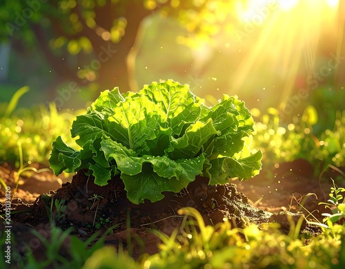 Close-up of a vibrant lettuce plant illuminated by sunlight in a garden setting, showcasing a flourishing green salad
