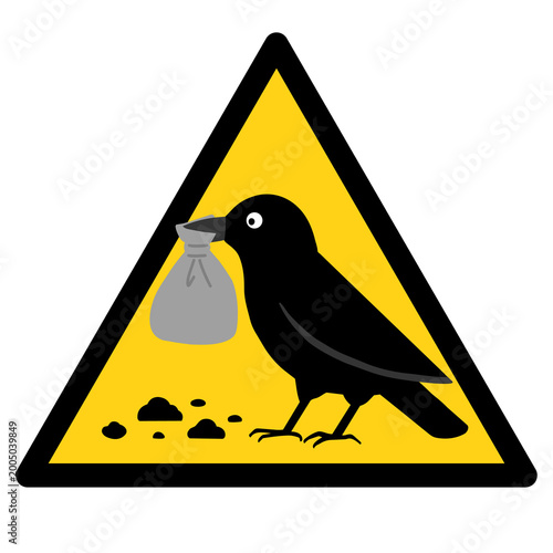 Crow Stealing Garbage Yellow Warning Triangle Sign Illustration