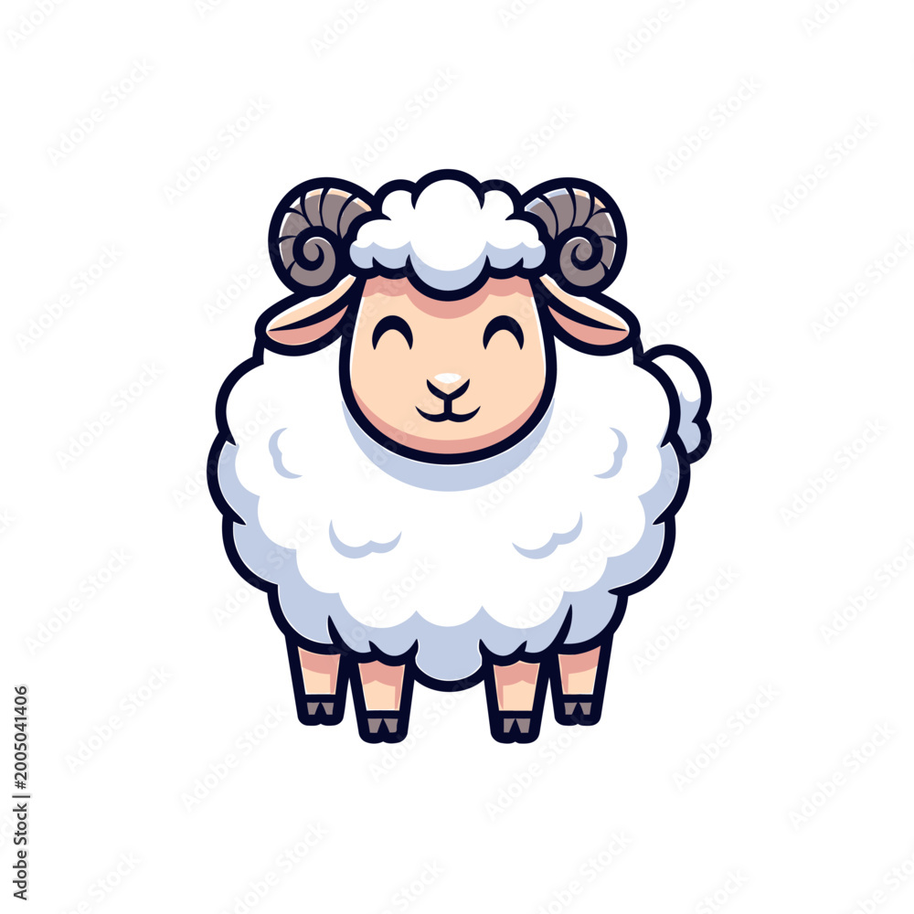 Fototapeta premium A smiling sheep with curly horns celebrating haji qurban on a white background