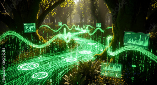 Dynamic Digital Data Flow Illuminates a Serene Forest Path, Symbolizing the Seamless Integration of Natural Ecosystems and Advanced Technological Networks for a Sustainable Future
