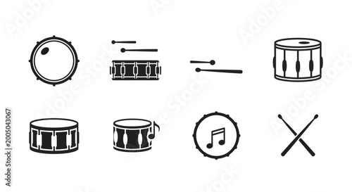 Cuadro en lienzo Drum Set Icons and Symbols: Snare Drum, Drumsticks, Musical Note
