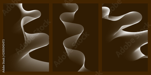 Elegant Wavy Ribbon Flow Abstract Art Triptych Dark Brown Background