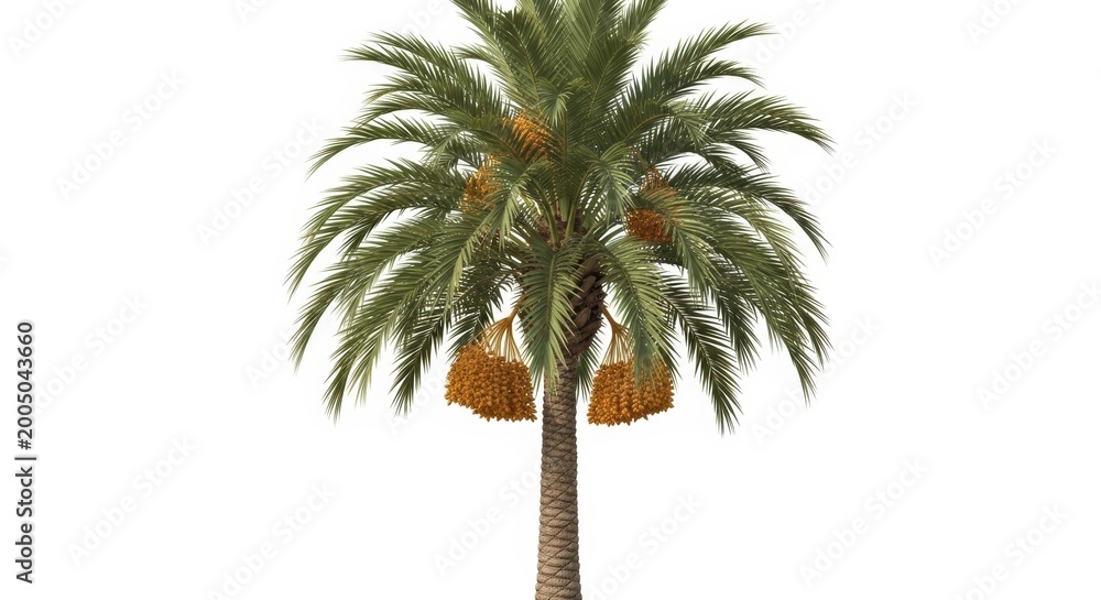 Obraz premium Tropical date palm tree with ripe fruit clusters, exotic phoenix dactylifera on white background, isolated palm tree for landscape design